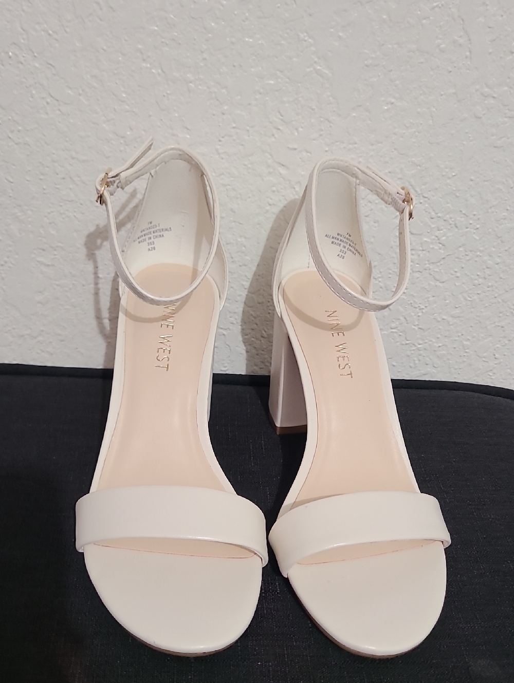 Nine West Cream Open-Toe Ankle-Strap Block Heels